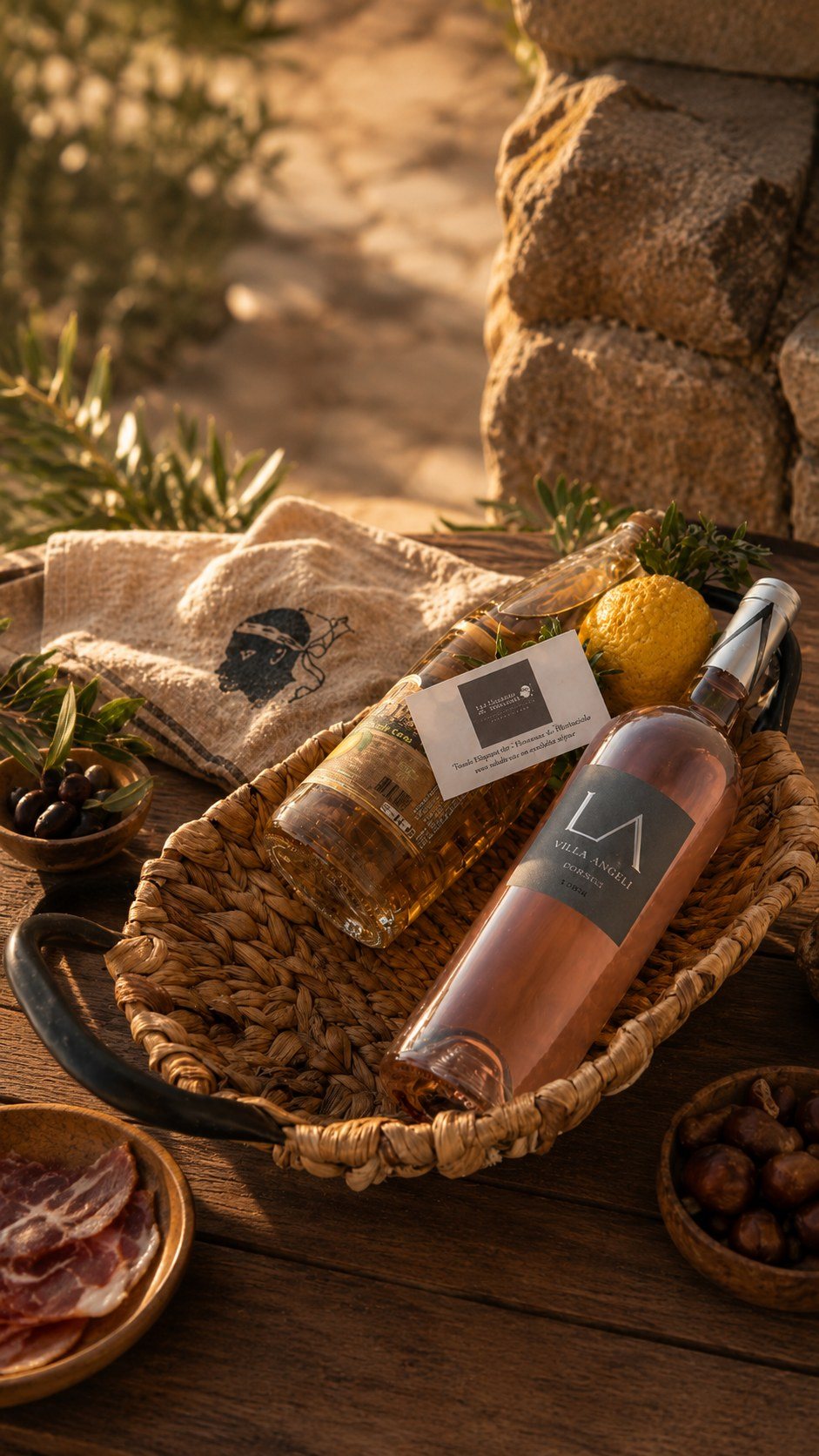 Panier d'accueil des Hameaux de Buttaciolo — limonade Gialla et rosé Don Pasquale du Domaine Villa Angeli