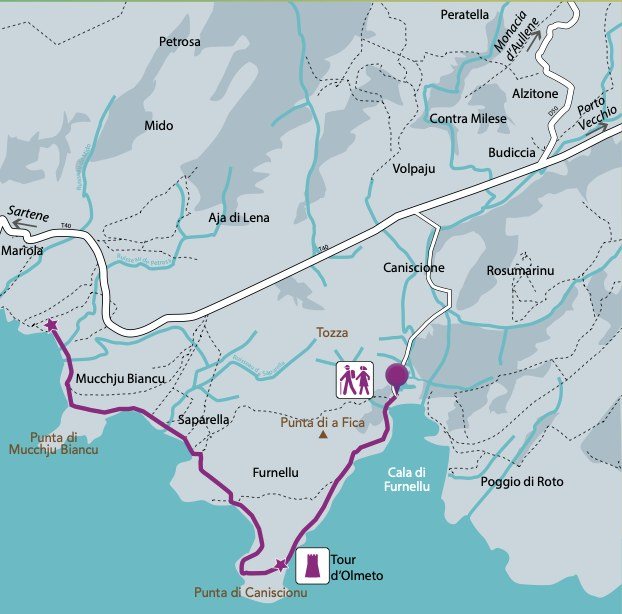Carte du sentier de la Tour d'Olmeto depuis Caniscionu