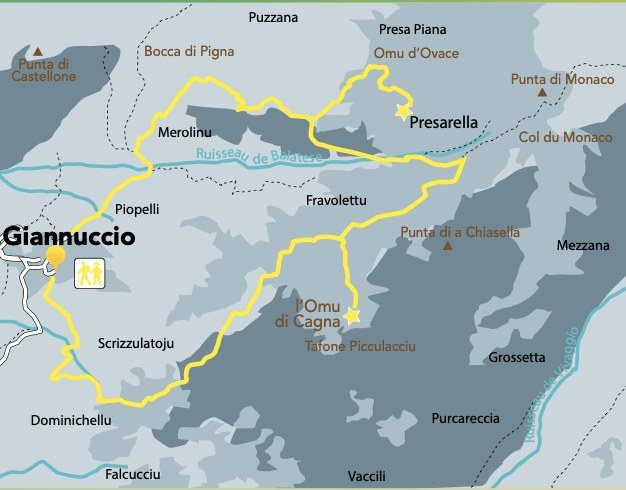 Carte de la randonnée de l'Omu di Cagna depuis Giannuccio